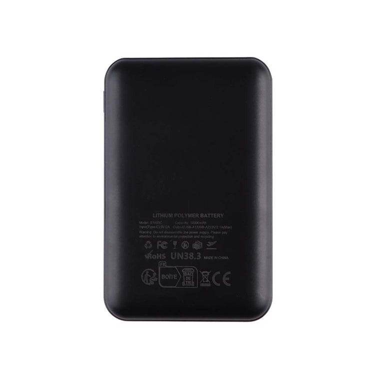 Black portable battery pack on a white background