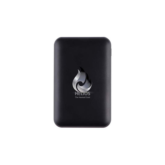 Black puffer jacket with heated back panels on a white background