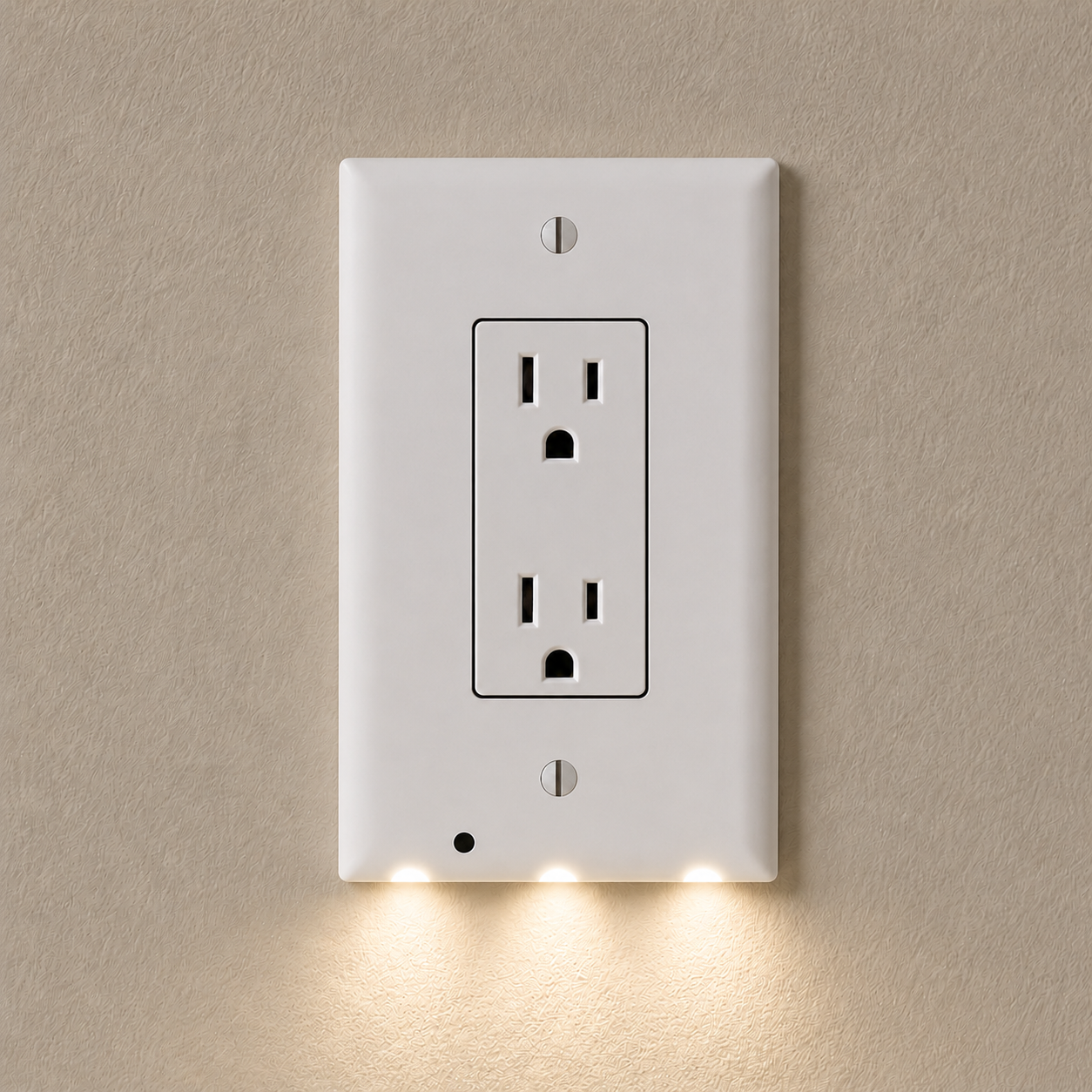 White wall outlet with built-in lighting on a beige wall