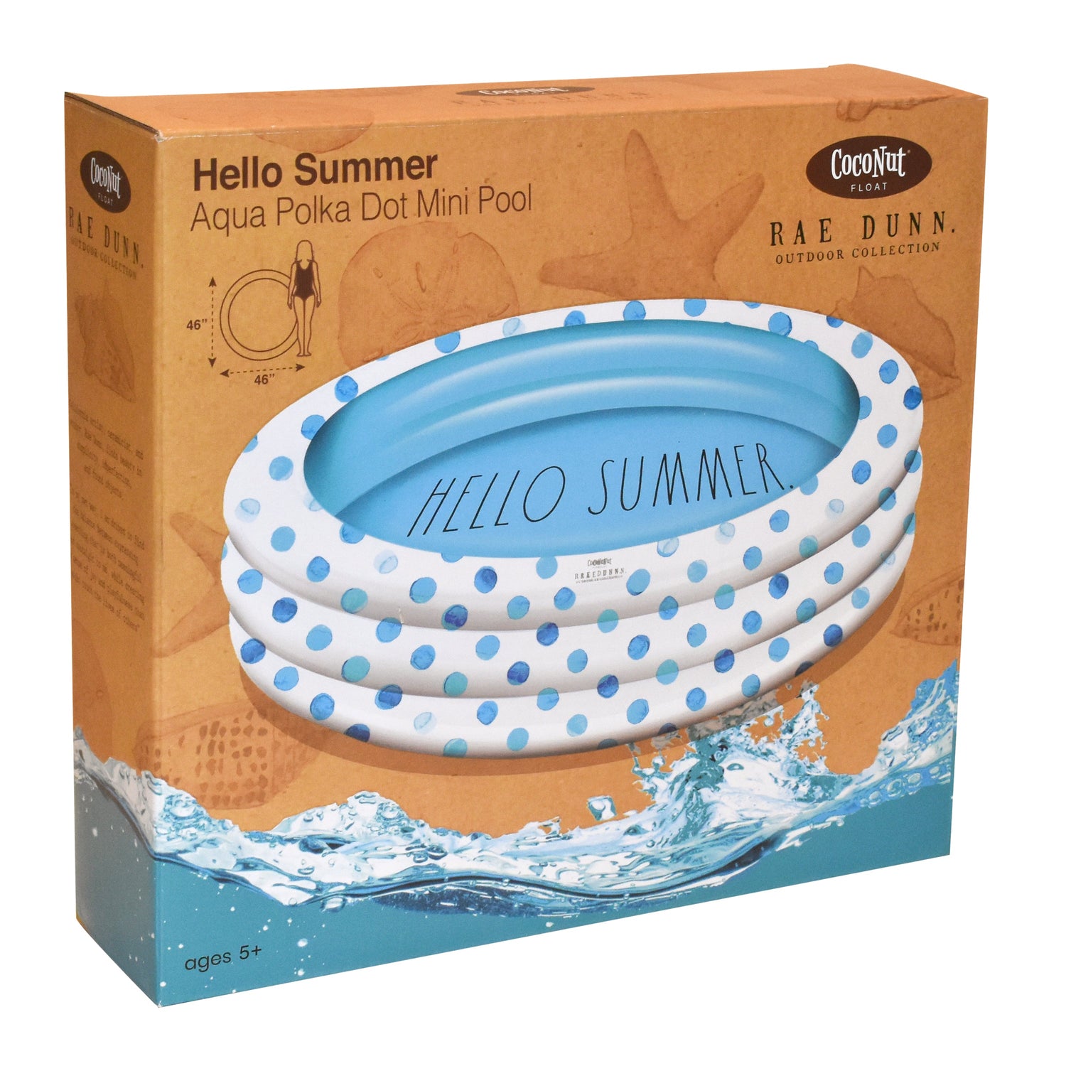 Inflatable polka dot mini pool with 'Hello Summer' text on packaging