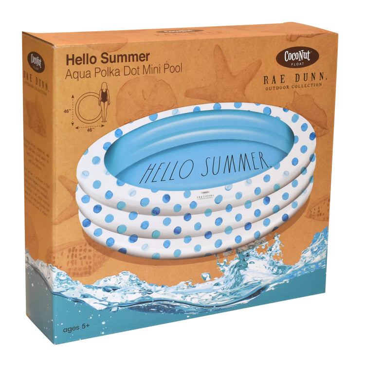Inflatable polka dot mini pool with 'Hello Summer' text on packaging