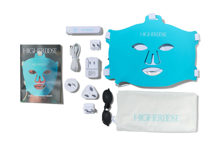 Collection of Higher Dosse skincare products including a face mask, packaging, and accessories on a white background.
