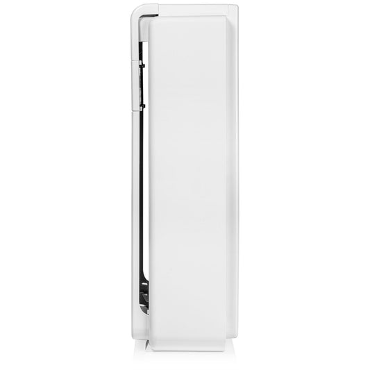 White air purifier on a wooden floor with a blurred background