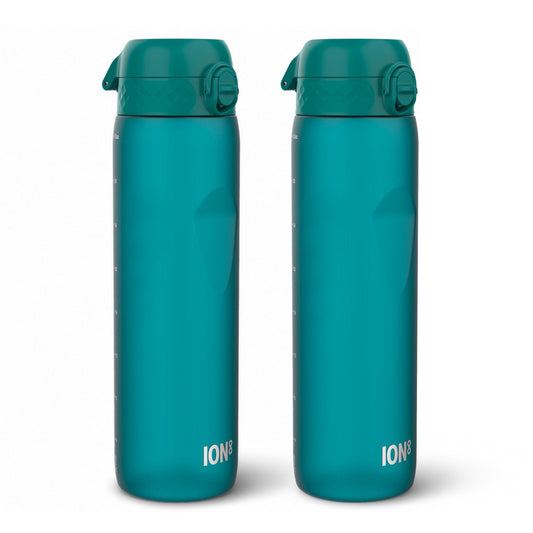Two insulated water bottles with a blue-to-pink gradient design and flip-top lids, shown side by side on a white background.
