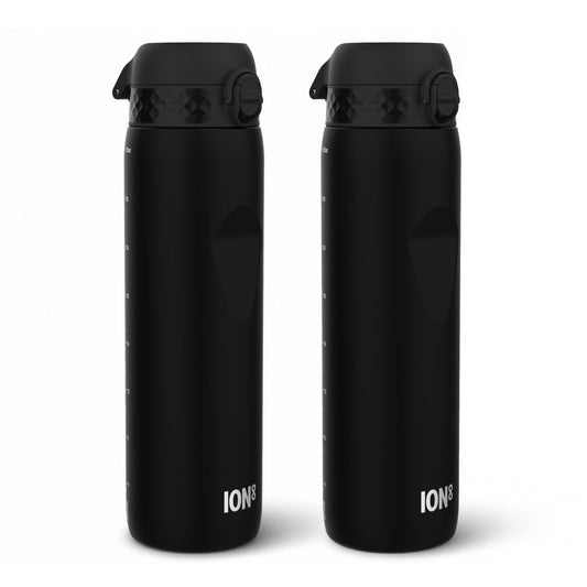 Two insulated water bottles with a blue-to-pink gradient design and flip-top lids, shown side by side on a white background.