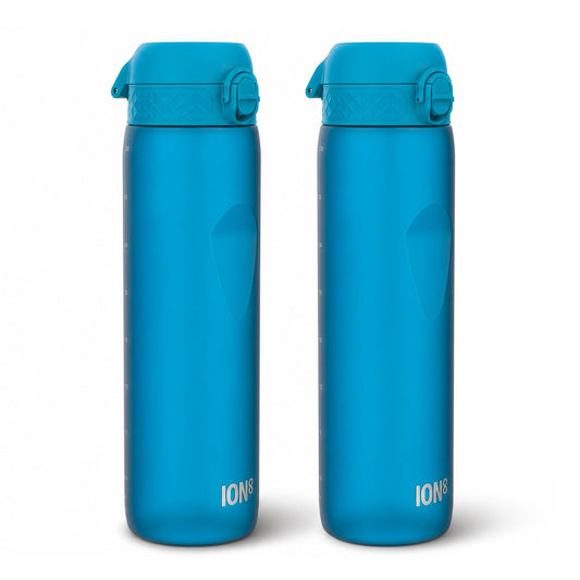 Two insulated water bottles with a blue-to-pink gradient design and flip-top lids, shown side by side on a white background.