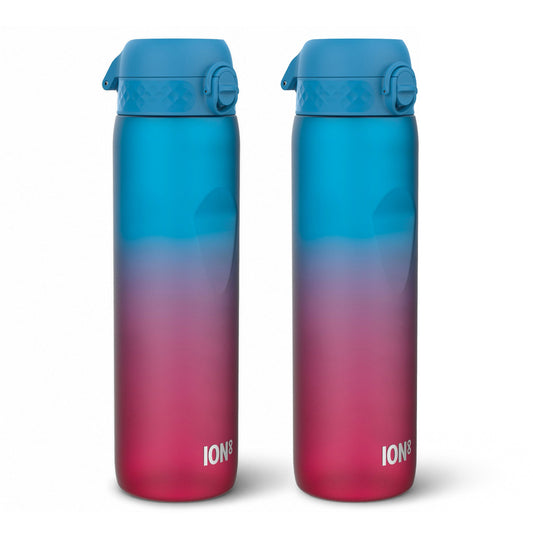 Two insulated water bottles with a blue-to-pink gradient design and flip-top lids, shown side by side on a white background.