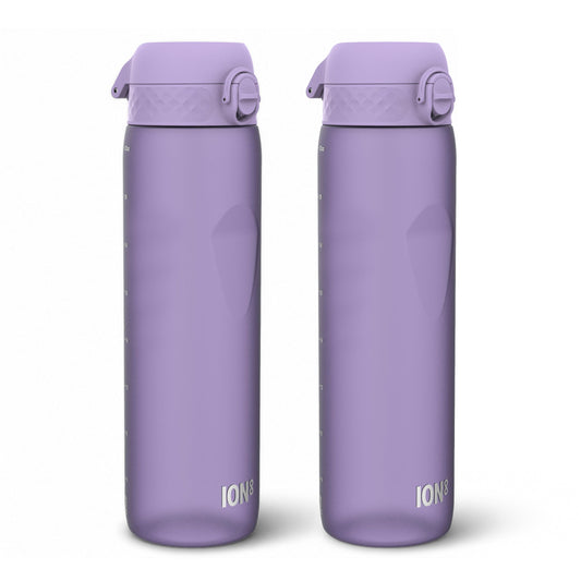 Two insulated water bottles with a blue-to-pink gradient design and flip-top lids, shown side by side on a white background.