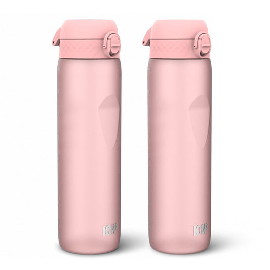 Two insulated water bottles with a blue-to-pink gradient design and flip-top lids, shown side by side on a white background.