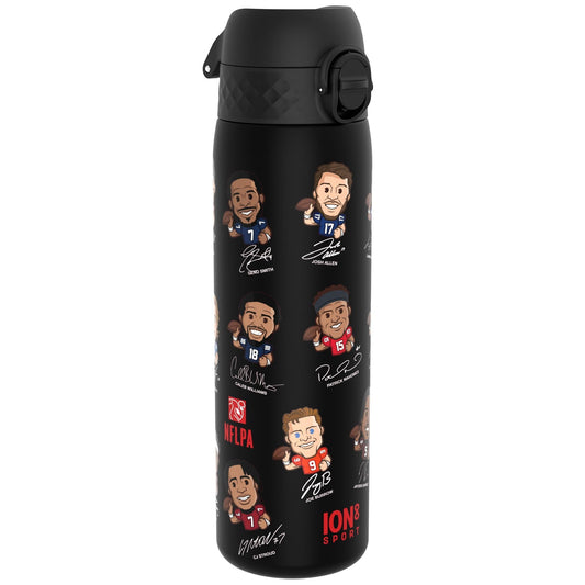 Black water bottle with cartoon-like illustrations of athletes on a white background