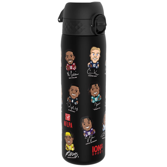 Black water bottle with cartoon-like illustrations of athletes on a white background