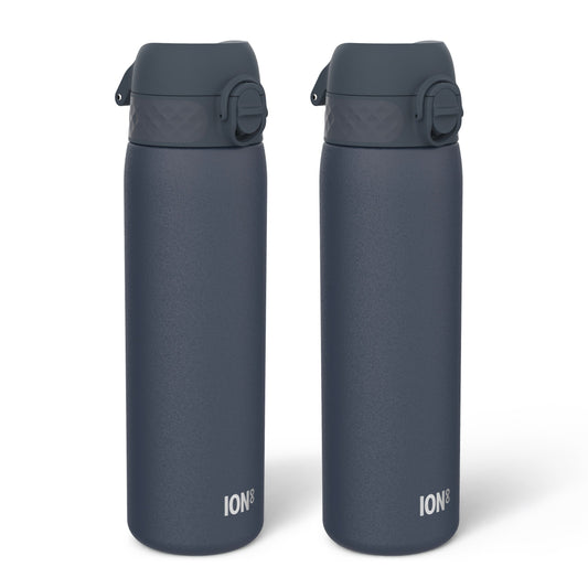Two matte black insulated water bottles with flip-top lids, shown side by side on a clean white background. The brand name 'ION' is printed in white near the bottom of each bottle.