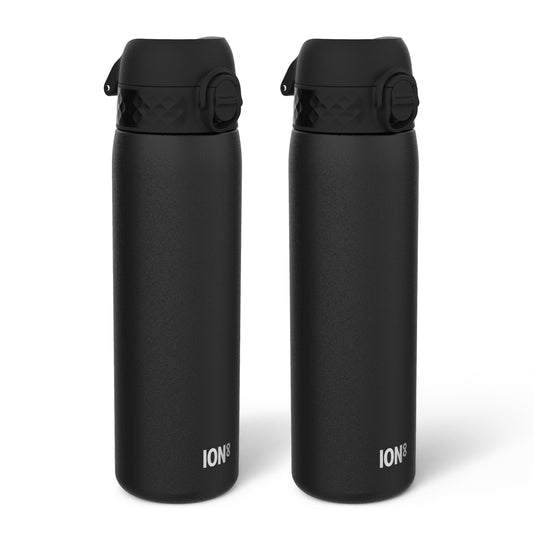 Two matte black insulated water bottles with flip-top lids, shown side by side on a clean white background. The brand name 'ION' is printed in white near the bottom of each bottle.