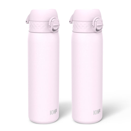 Two matte black insulated water bottles with flip-top lids, shown side by side on a clean white background. The brand name 'ION' is printed in white near the bottom of each bottle.