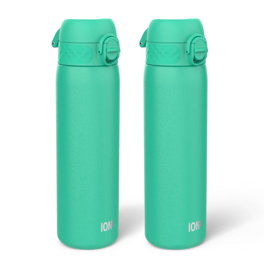 Two matte black insulated water bottles with flip-top lids, shown side by side on a clean white background. The brand name 'ION' is printed in white near the bottom of each bottle.