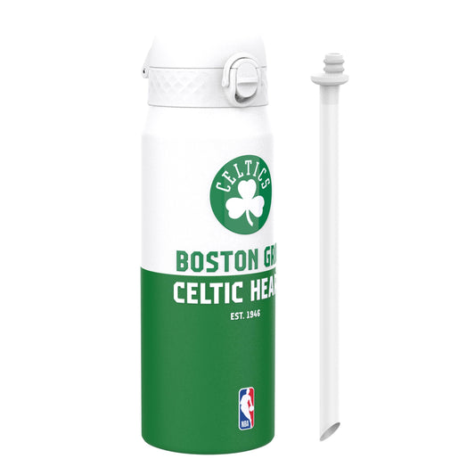 A Boston Celtics branded insulated can cooler with a flip-top lid, shown next to a white straw on a plain white background.