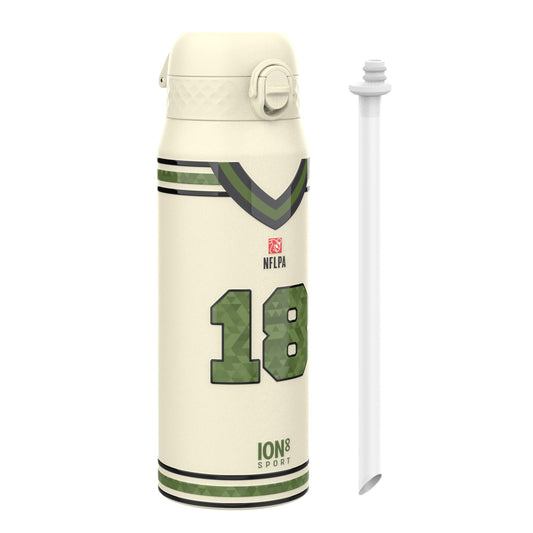 Cream-colored water bottle with green accents and number 18 on a white background