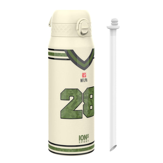 Cream-colored water bottle with green accents and number 18 on a white background