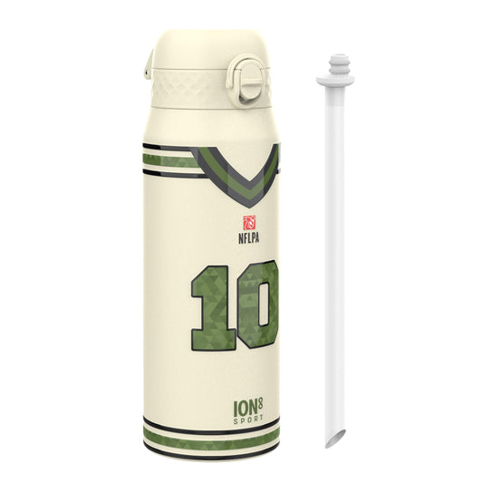 Cream-colored water bottle with green accents and number 18 on a white background