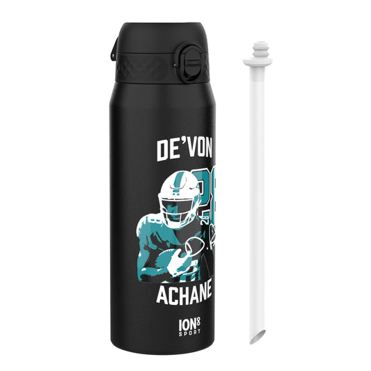 Black water bottle with a graphic of a football player and text on a white background