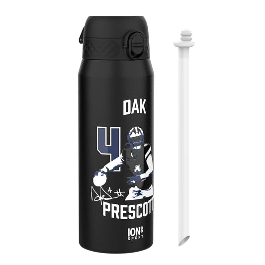 Black water bottle with a graphic of a football player and text on a white background
