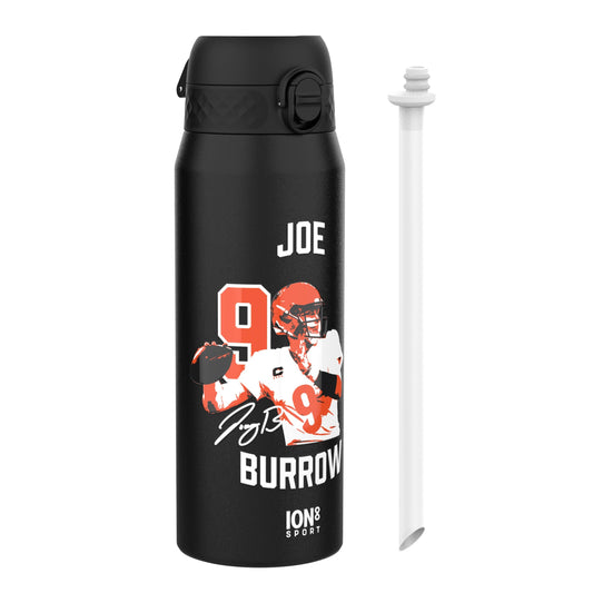Black water bottle with a graphic of a football player and text on a white background