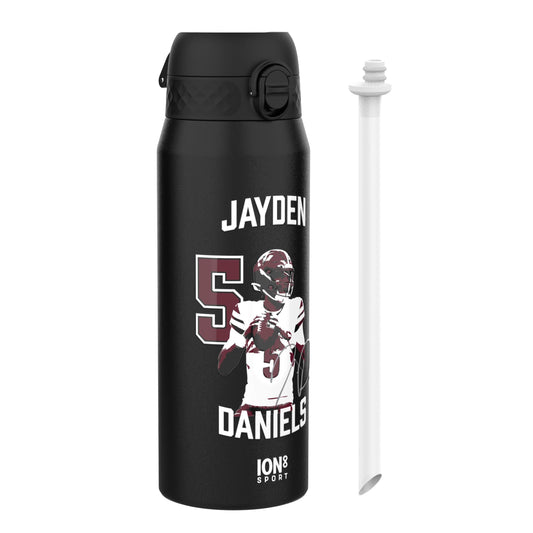 Black water bottle with a graphic of a football player and text on a white background