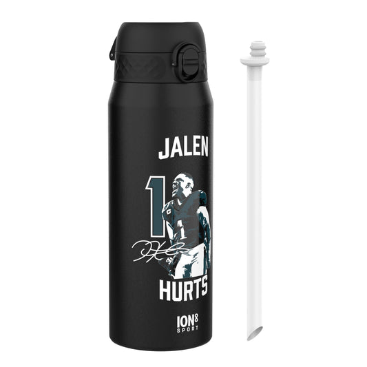 Black water bottle with a graphic of a football player and text on a white background