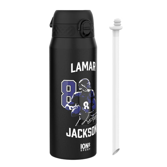 Black water bottle with a graphic of a football player and text on a white background