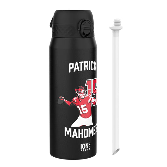 Black water bottle with a graphic of a football player and text on a white background