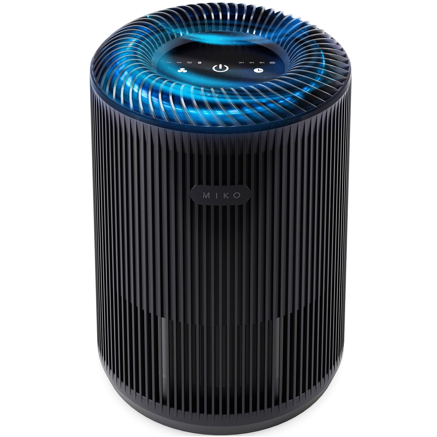 Black air purifier with blue light on a white background