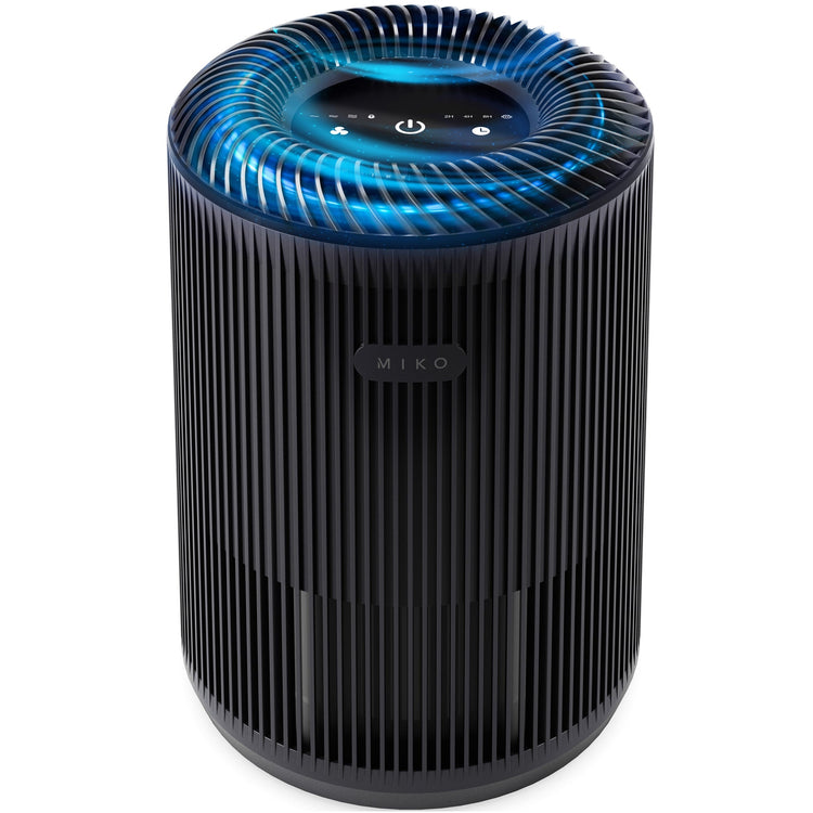 Black air purifier with blue light on a white background