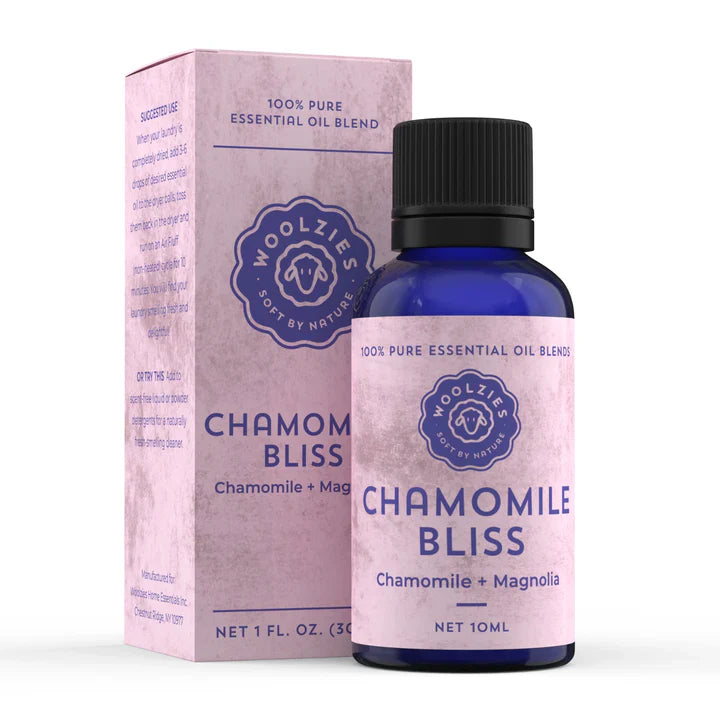 Woolzies Chamomile Bliss essential oil bottle and packaging on a white background