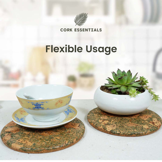 Set of three round cork coasters with a natural pattern on a white background