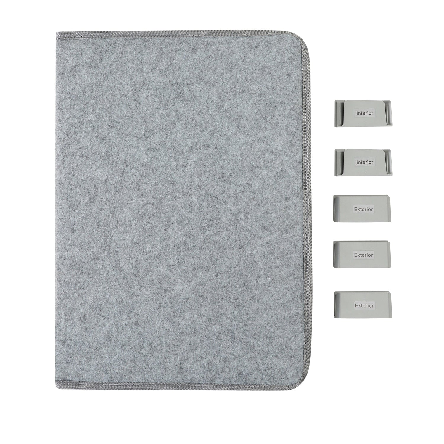 Gray felt notebook cover with five gray tabs on a white background