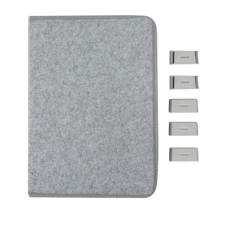 Gray felt notebook cover with five gray tabs on a white background