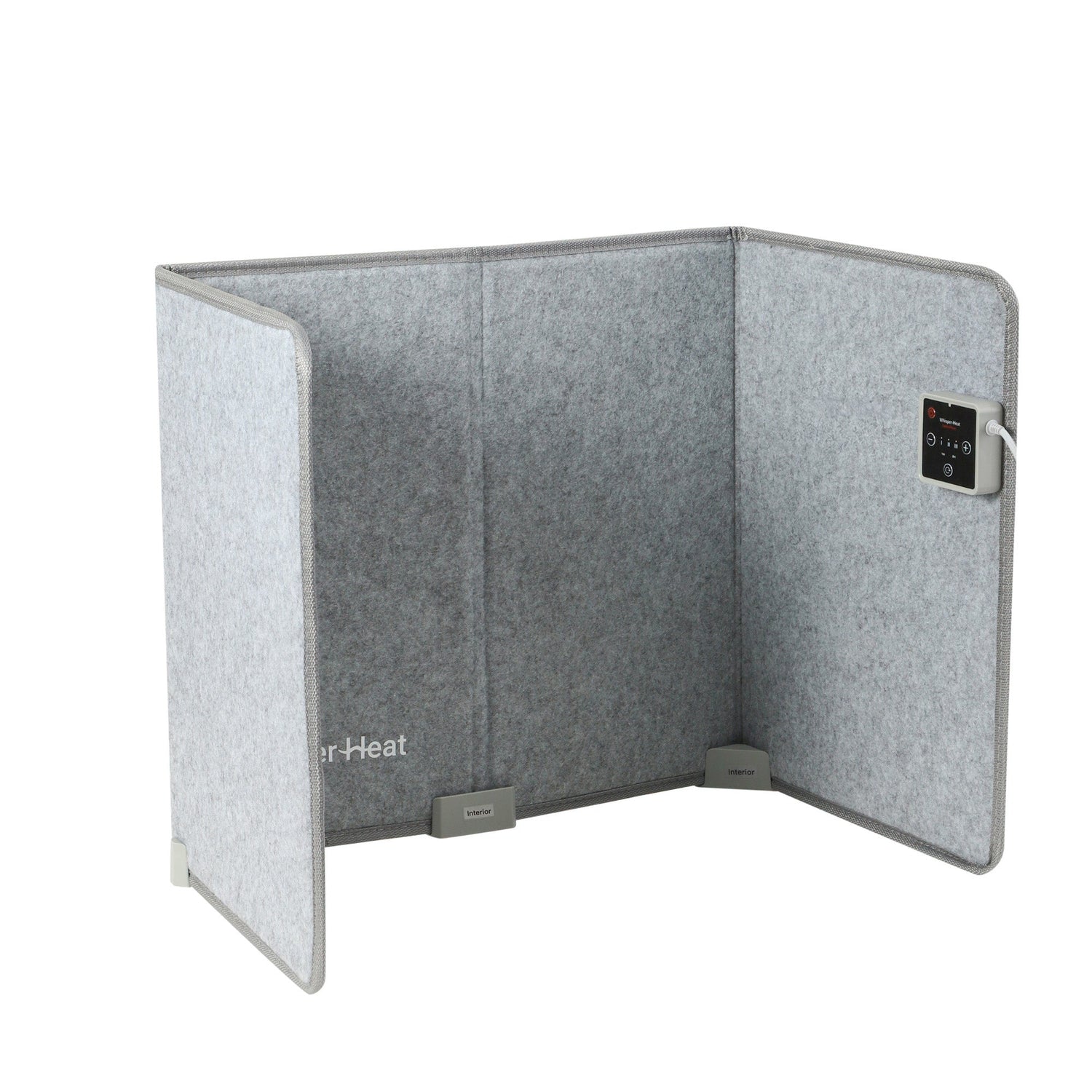 Gray portable heater with digital display on a white background