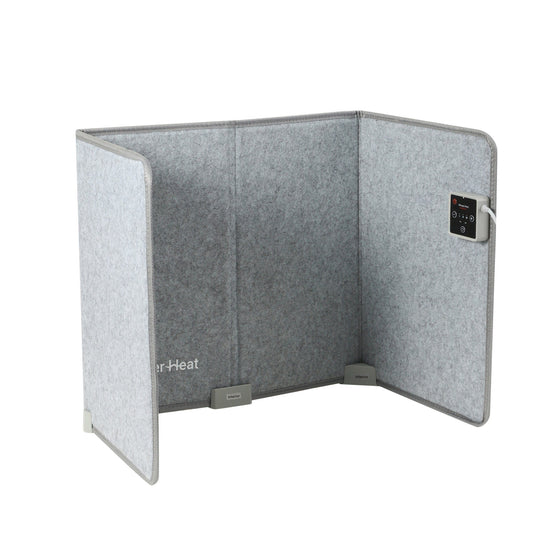 Gray portable heater with digital display on a white background