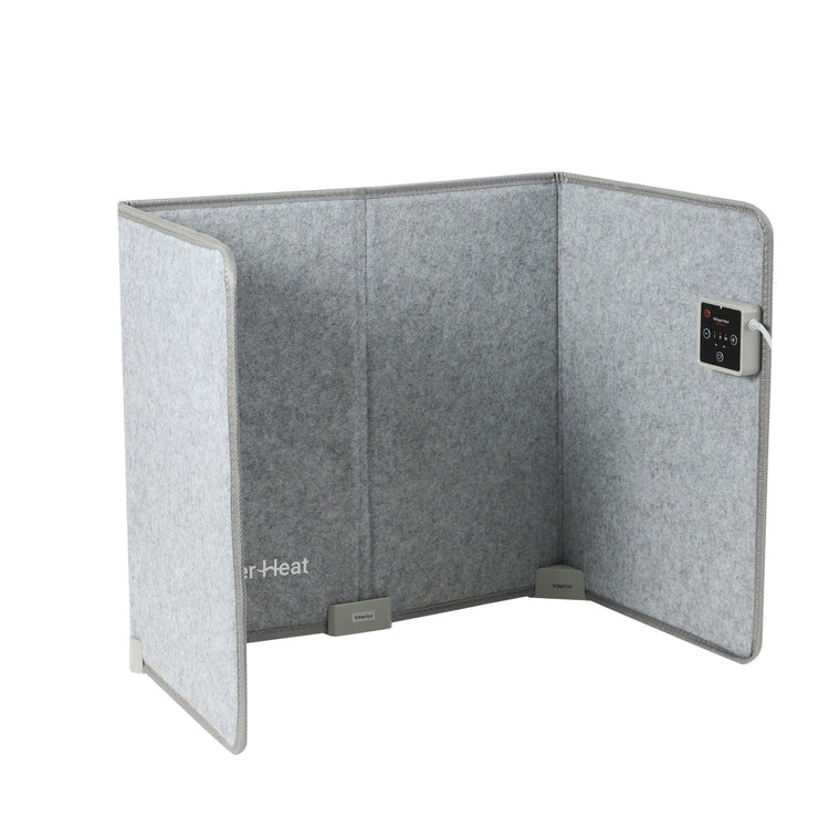 Gray portable heater with digital display on a white background