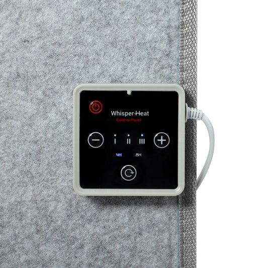 Gray portable heater with digital display on a white background