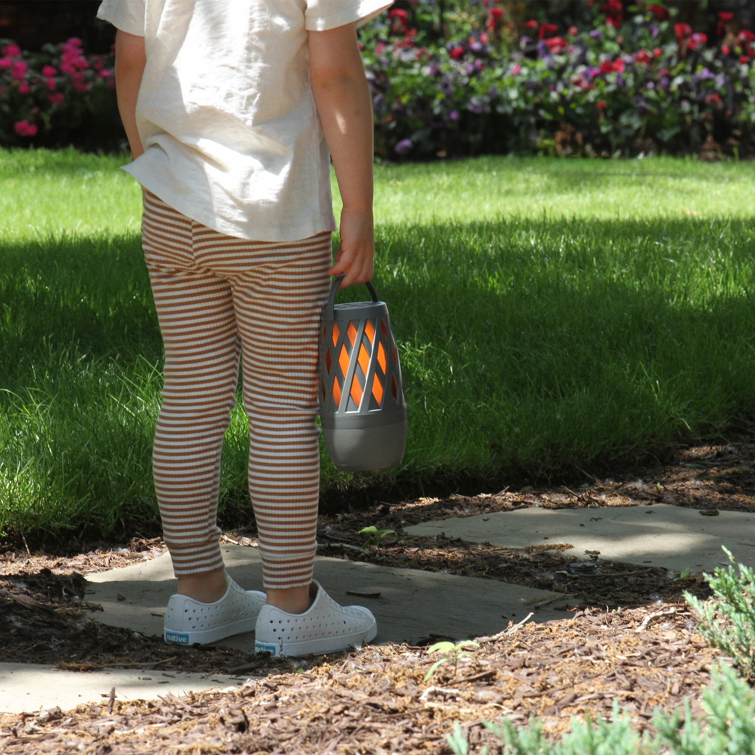 Person holding a lantern outdoors with green grass and flowers in the background