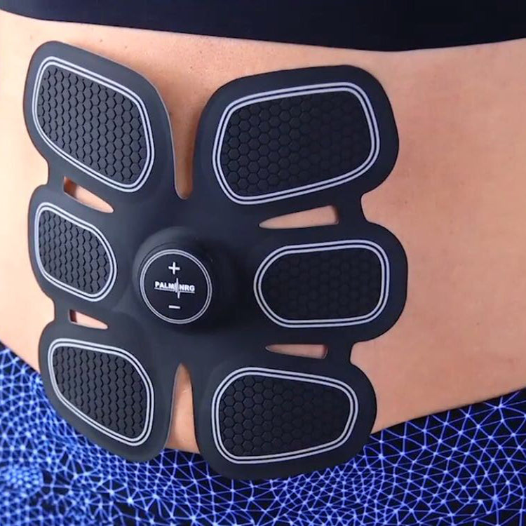 Person wearing an abdominal muscle stimulator device on a blue background