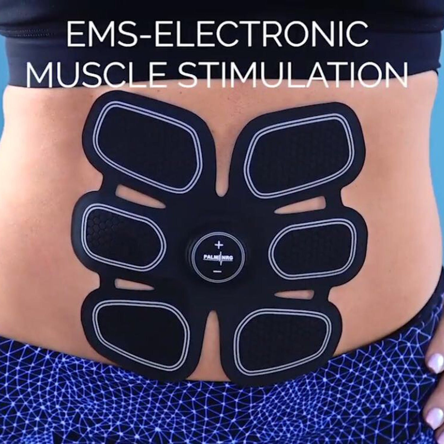EMS electronic muscle stimulation device on a person's abdomen with blue background