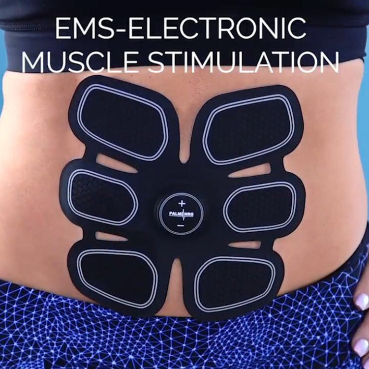 EMS electronic muscle stimulation device on a person's abdomen with blue background