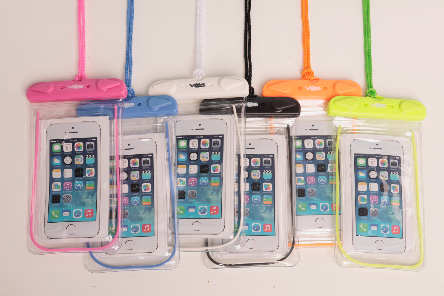 Five clear waterproof phone pouches with neck straps in pink, blue, white, black, and lime green, each holding a smartphone, displayed against a plain white background.