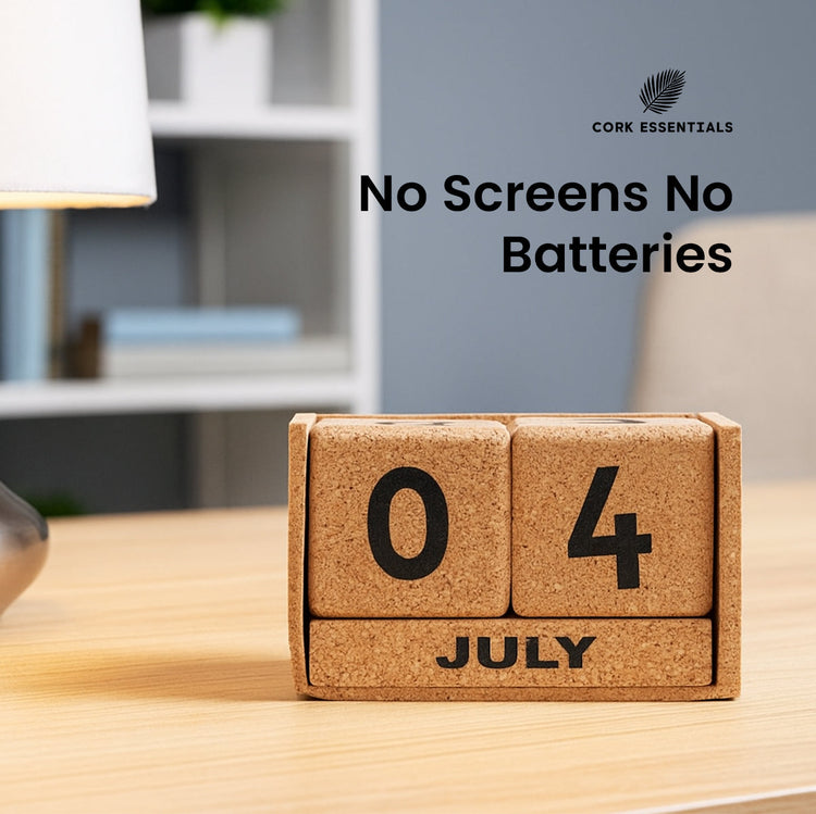 Cork calendar block displaying '04 July' on a wooden surface with 'Cork Essentials' branding.