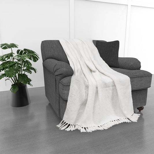 Kathy Ireland Oversized Chenille Fringed Basket Throw 50” X 70” - Ivory