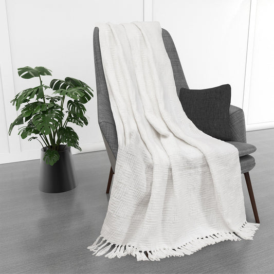 Kathy Ireland Oversized Chenille Fringed Basket Throw 50” X 70” - Ivory
