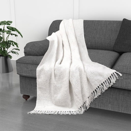 Kathy Ireland Oversized Chenille Fringed Basket Throw 50” X 70” - Ivory