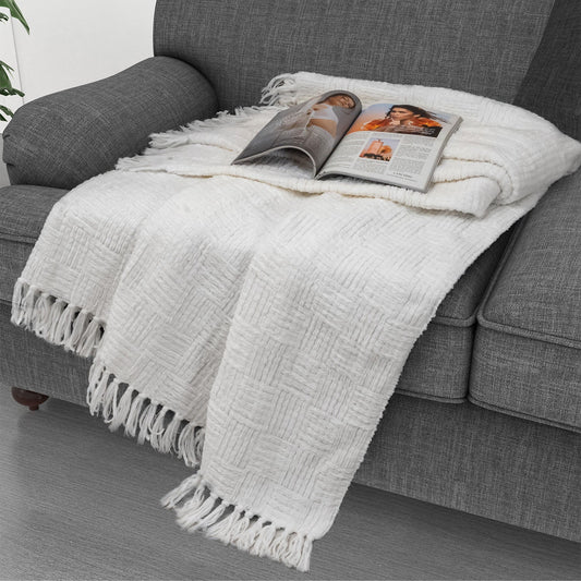 Kathy Ireland Oversized Chenille Fringed Basket Throw 50” X 70” - Ivory